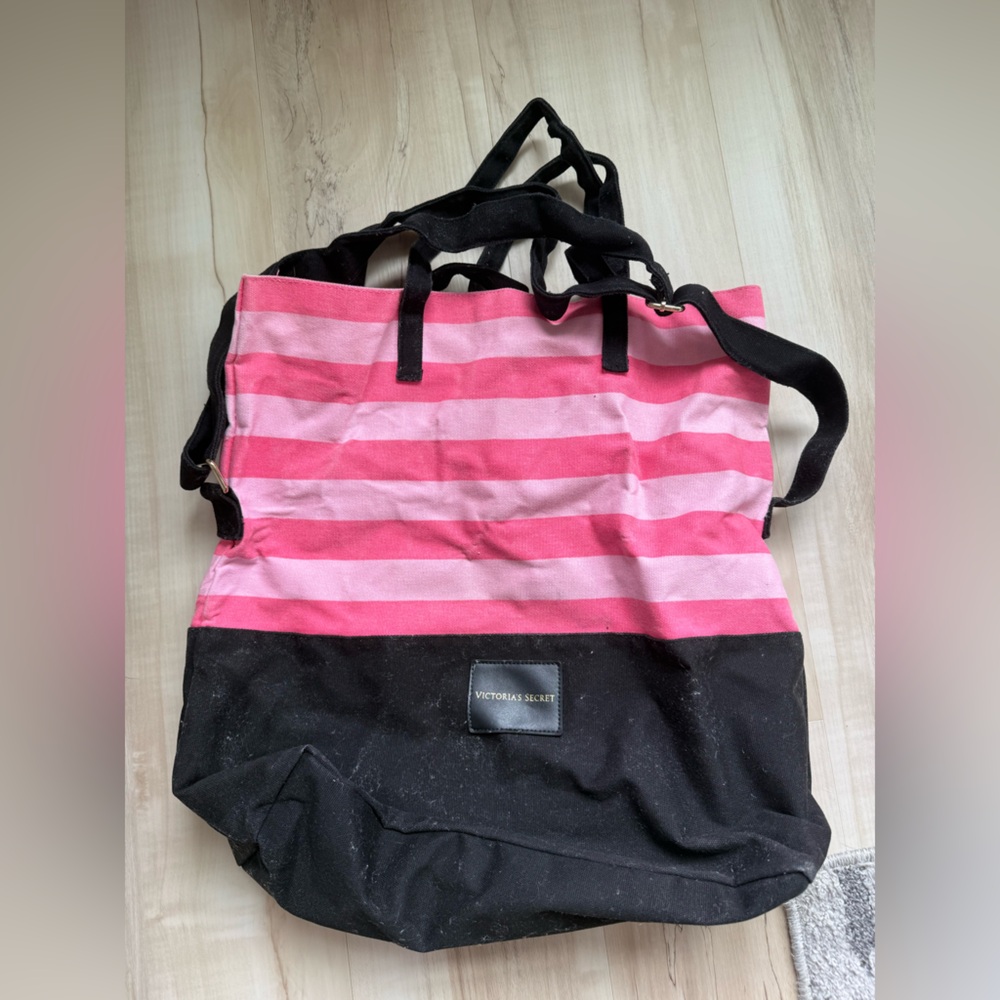 Victoria's Secret Pink and Black Canvas Tote Bag with Signature Stripes